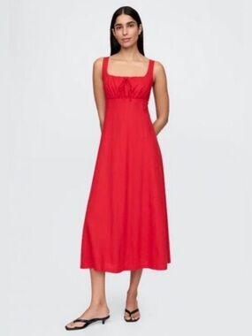 Gap Linen-Blend Tomato Red Maxi Dress Milkmaid Y2K 90s Summer Wedding Guest NEW